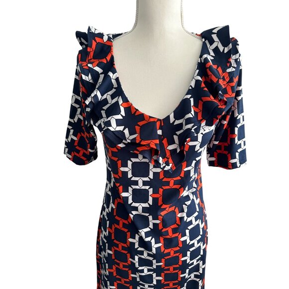 TRACY NEGOSHIAN Orange Navy Blue Ruffle V Neck Dress Size XS - Picture 2 of 8
